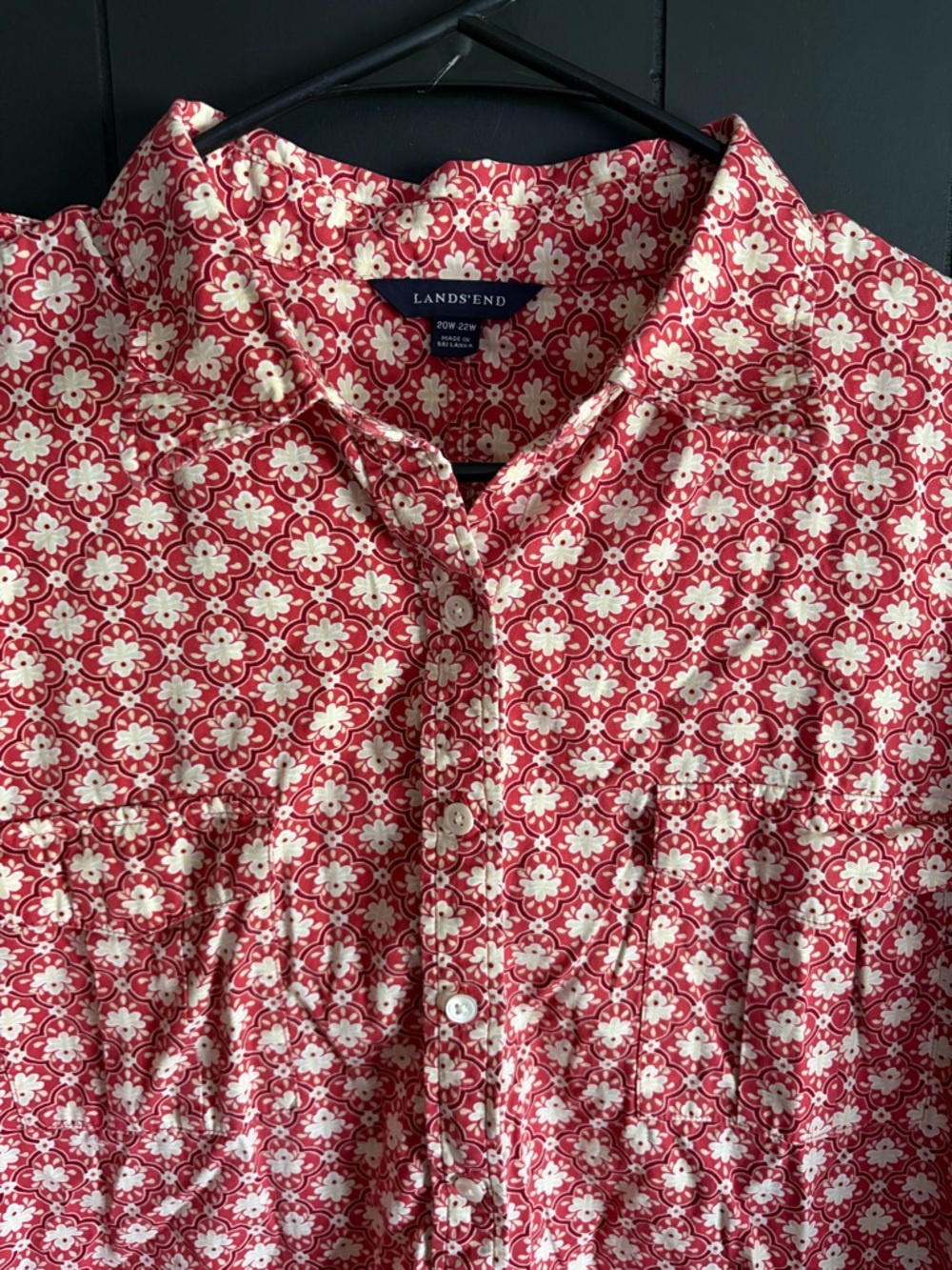 Lands' End Red and Cream Floral Button-Front Shirt 20/22W women’s blouse
